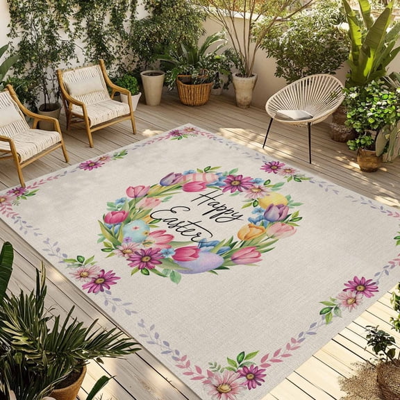 Spring Floral Outdoor Rug for Patio/Deck/Porch, Non-Slip Large Area Rug 4 x 6 Ft, Watercolor Easter Eggs Wreath Plants Beige Indoor Outdoor Rugs Washable Area Rugs, Camping Rug Carpet Runner