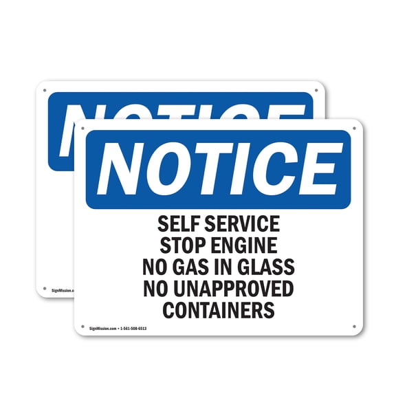 (2 Pack) Self Service Stop Engines No Gas In Glass OSHA Notice Sign 14 Inch X 10 Inch Indoor / Outdoor Rust-Free Aluminum Metal Signs for Workplace, Workshop, and Construction Site,
