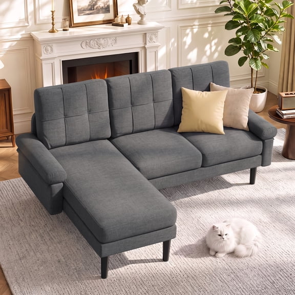 80.3"L-Shaped Couch, Lofka 3 Seat Sofa with Chaise, Soft Sleeper Couches for Living Room, Apartment and Small Space, Dark Grey Couch