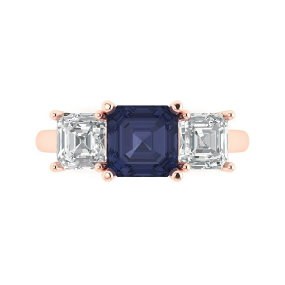 Three-Stone Engagement Ring for Women - 4ct Simulated Blue Sapphire in 14K Rose Gold Promise Ring