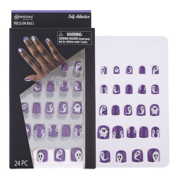 Expressions 24-Pack Self Adhesive Halloween Press-On Nails - Purple Glitter Ghosts