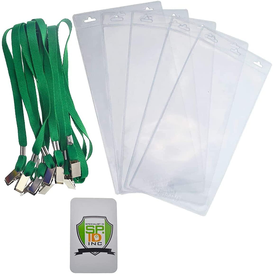 25 Pack - 4 x 8 Inch Extra Large Ticket & Event Credential Badge Holders with Double Sided Lanyards with Two Bulldog Clips, by Specialist ID (Green)
