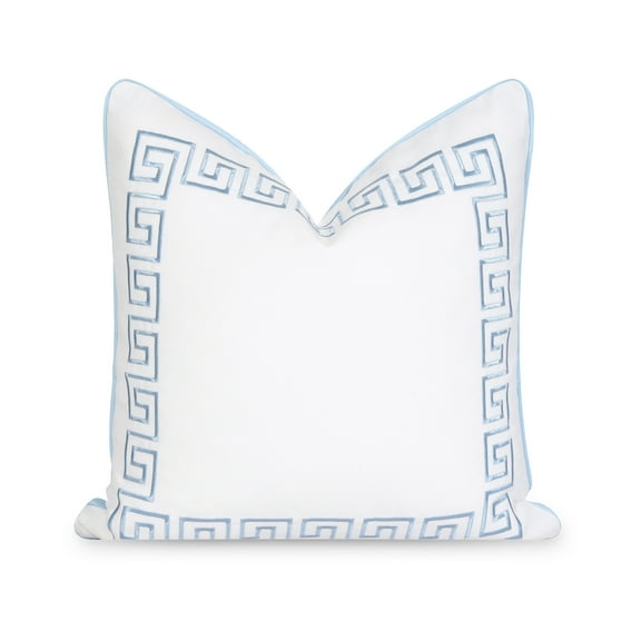 Hofdeco Premium Coastal Patio Indoor Outdoor Throw Pillow Cover Only, 20"x20" Water Repellent for Backyard, Couch, Baby Blue Embroidered Greek Key with Piping