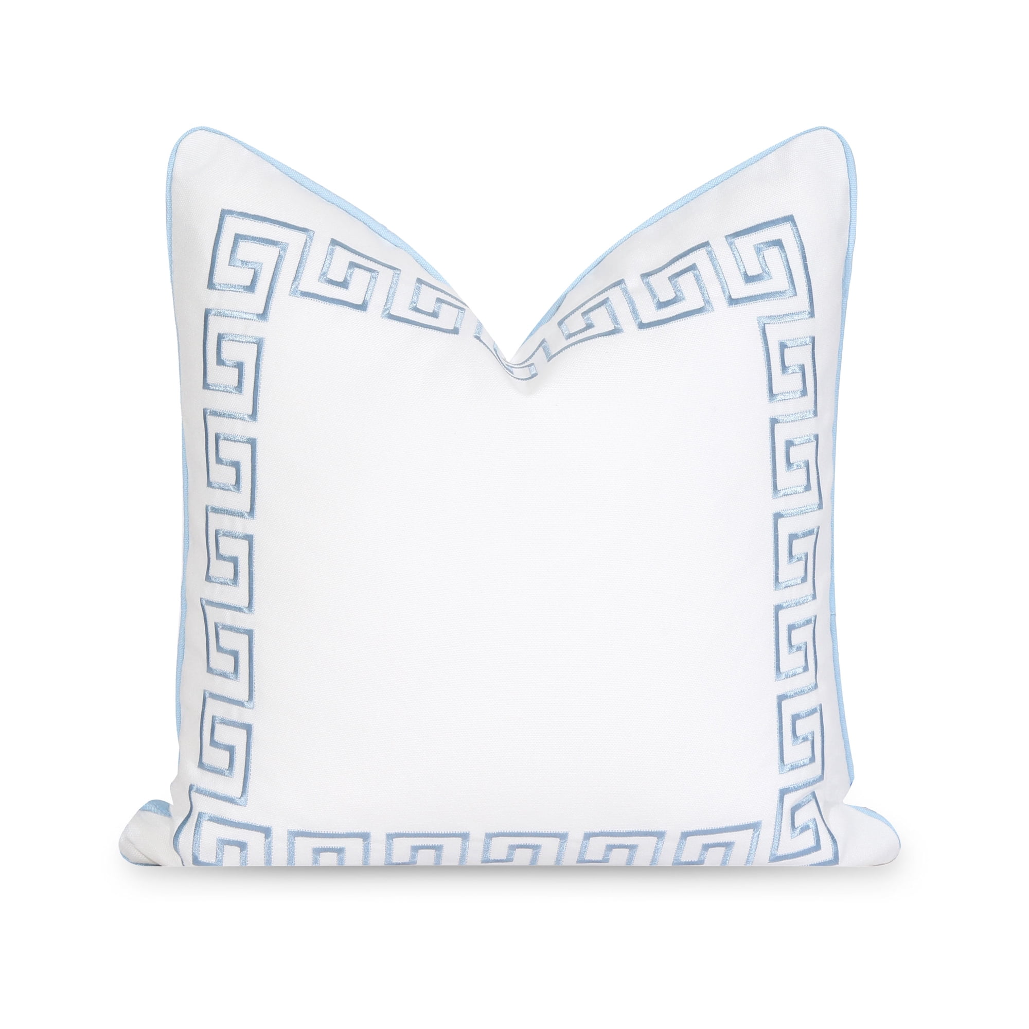 Hofdeco Premium Coastal Patio Indoor Outdoor Throw Pillow Cover Only, 20"x20" Water Repellent for Backyard, Couch, Baby Blue Embroidered Greek Key with Piping
