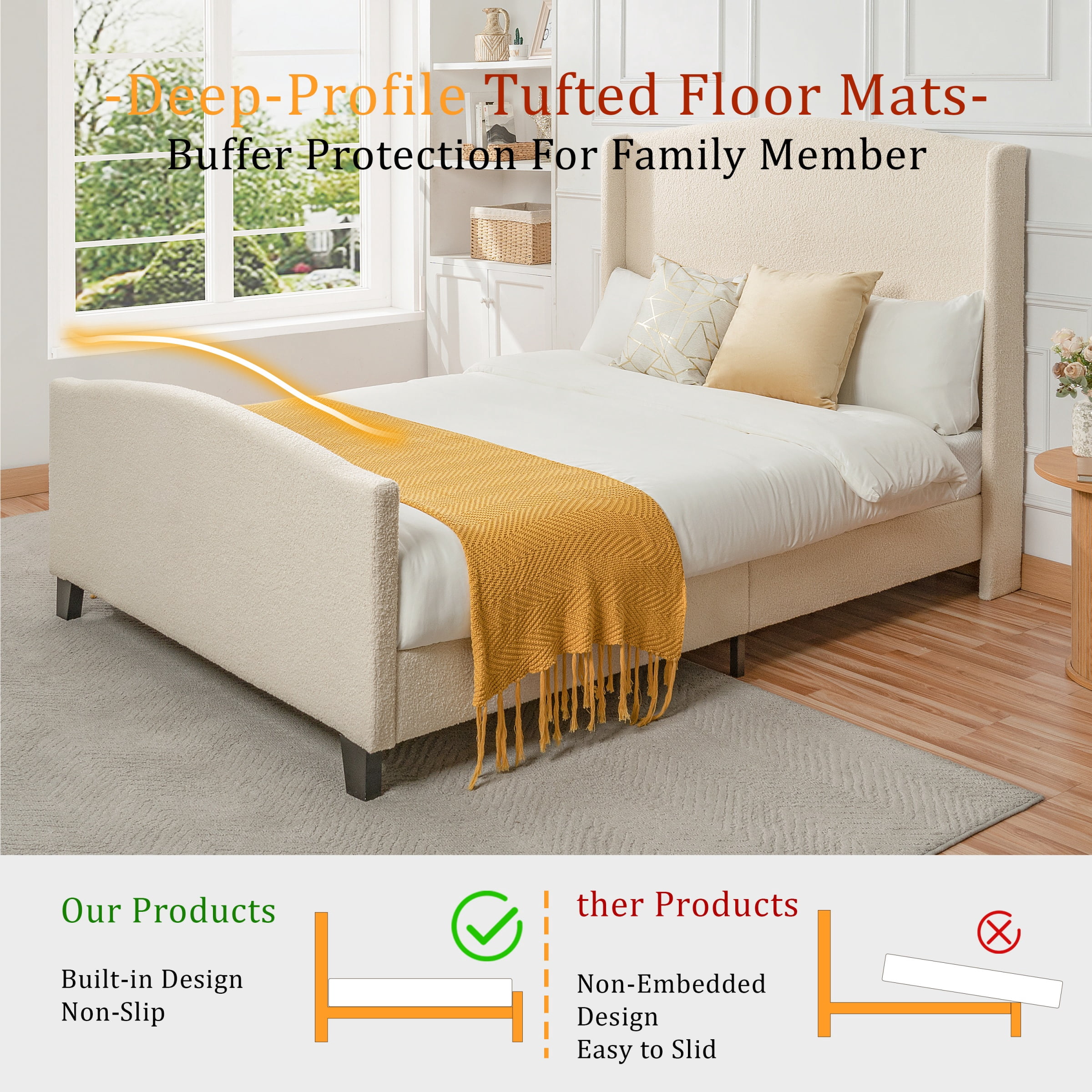 Full Size Bed Frame with 49.21"High Back Upholstered Headboard and 27.16" High Footboard,Teddy Velvet,12 Slat Support,Solid Wood Feet,Beige