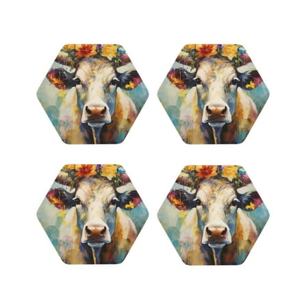 

Tideii Oil Painting Flower Cow for Leather Coasters 4 Pieces Anti-fouling and Anti-scalding Decorative Coasters Suitable for Restaurants Kitchens Coffee Shops-Hexagon