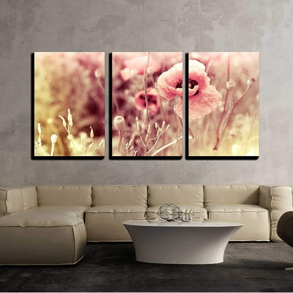 wall26 Canvas Print Wall Art Set Vintage Retro Pink Poppy Field Nature Wilderness Photography Realism Chic Scenic Relax/Calm Multicolor for Living Room, Bedroom, Office - 16"x24"x3 Panels