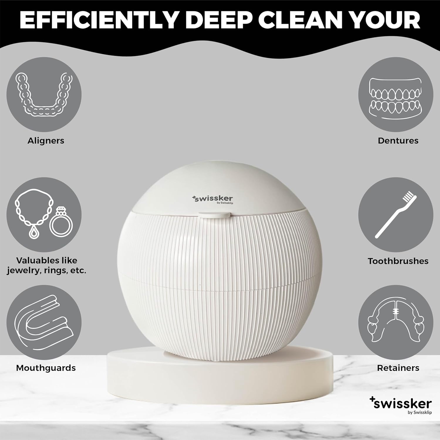 Swissker by Swissklip ShinePod Ultrasonic Retainer Cleaner Machine – Dental Pod Ultrasonic Cleaner for Dentures, Aligners, Mouth Guards, Invisalign Cleaning – UV Sterilization – White