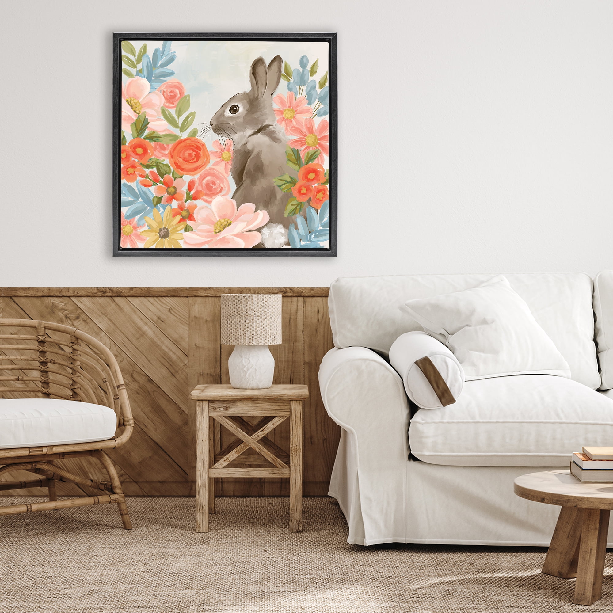 Stupell Industries Bunny In The Blooms Black Framed Floater Canvas Wall Art, design by Cat Thurman Designs