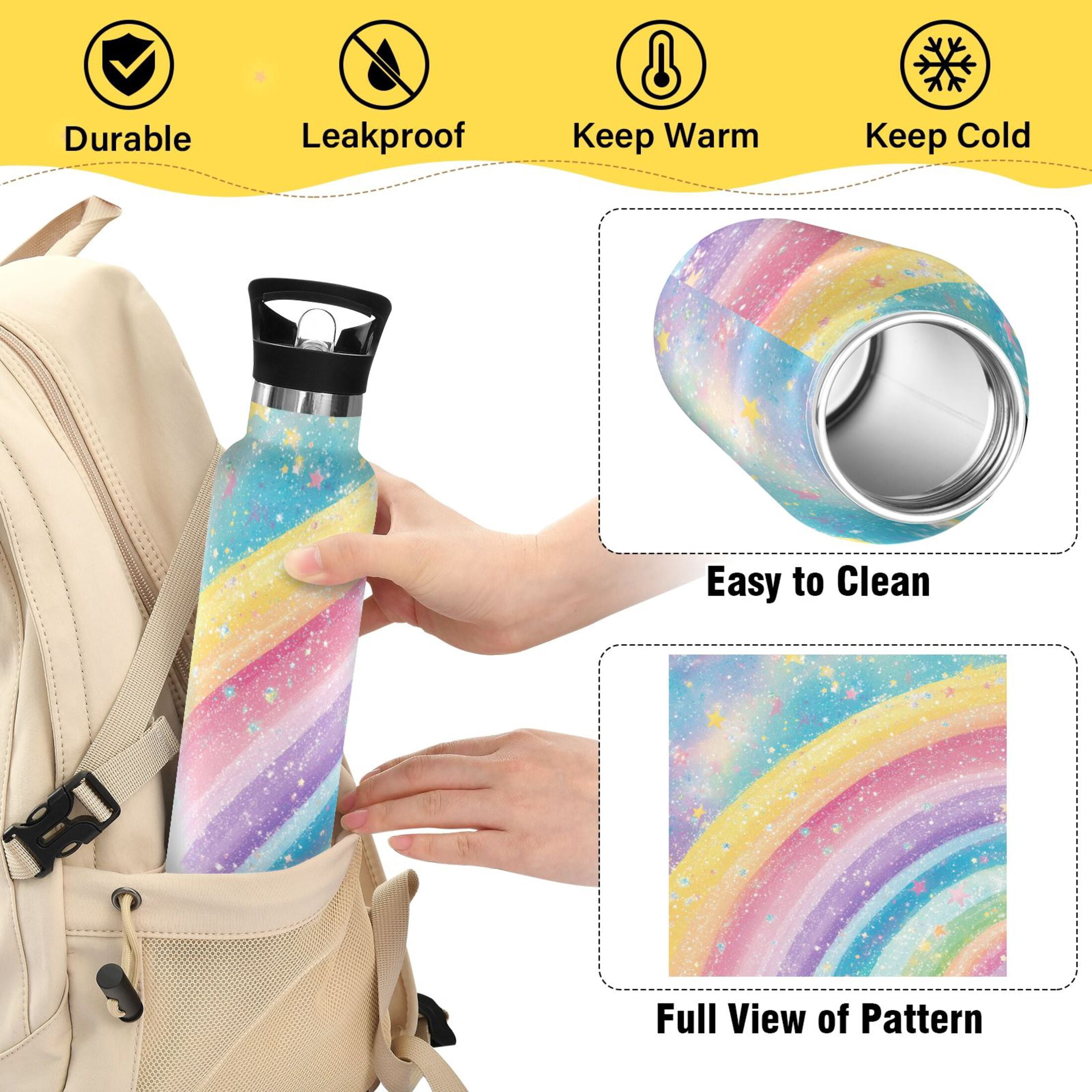 Kids Insulated Stainless Steel Sports Water Bottle 600ml (20oz), BPA-Free Glittery Rainbow