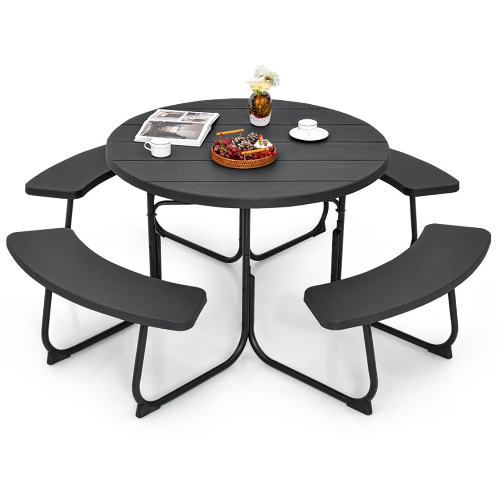 Aimee Lii 8-Person Outdoor Picnic Table and Bench Set with Umbrella Hole, Outdoor Patio Furniture Set, Black