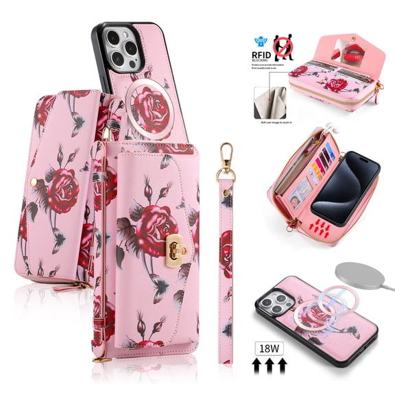 Compatible with iPhone 16 Pro Max Crossbody Wallet Purse Phone Case, Detachable Magnetic, RFID Blocking Card Holder, Zipper Leather Wallet Wrist Lanyard Strap Case for Women, Pink