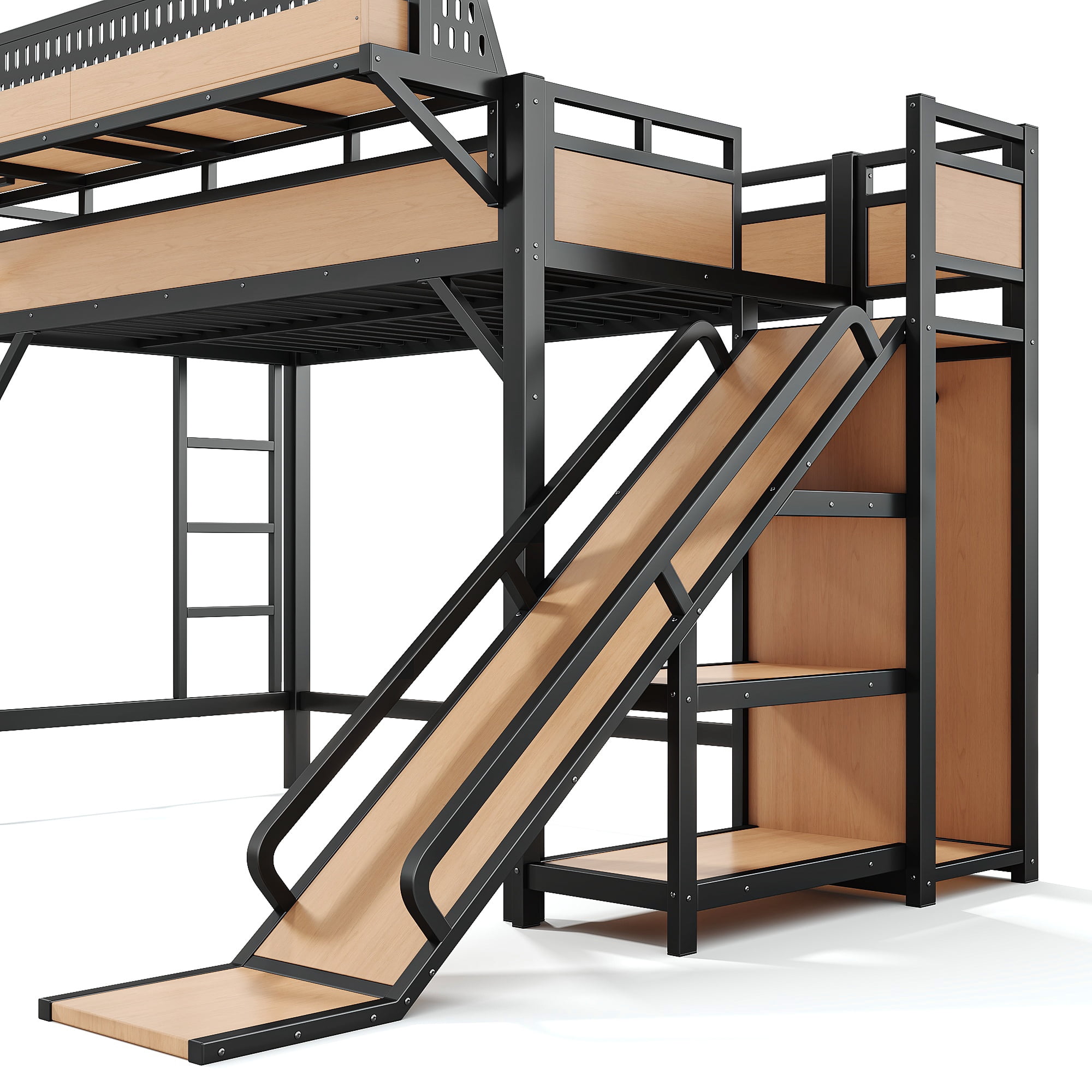 Aukfa Twin XL Loft Bed with Slide, Shelves, Wardrobe, USB Ports & LED Lights, Heavy-Duty Metal Bed Frame for Kids Teens Adults, Natural