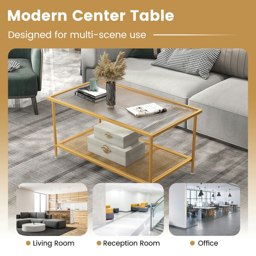 Finihen Coffee Table, Tempered Glass Coffee Table, 2-Tier Coffee Table with Shelf Center Tea Table with Tempered Glass Top, for Living Room, Reception Room, Golden Finihen Coffee Table, Tempered Glass Coffee Table, 2-Tier Coffee Table with Shelf Center Tea Table with Tempered Glass Top, for Living Room, Reception Room, Golden
