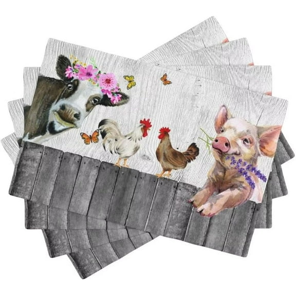Farm Animal Placemats, Vintage Farmhouse Pig Cow Chicken Retro Wooden Barn Print Table Mats for Dining Kitchen Party Holiday Decor, 12x18 Inch, 4PCS