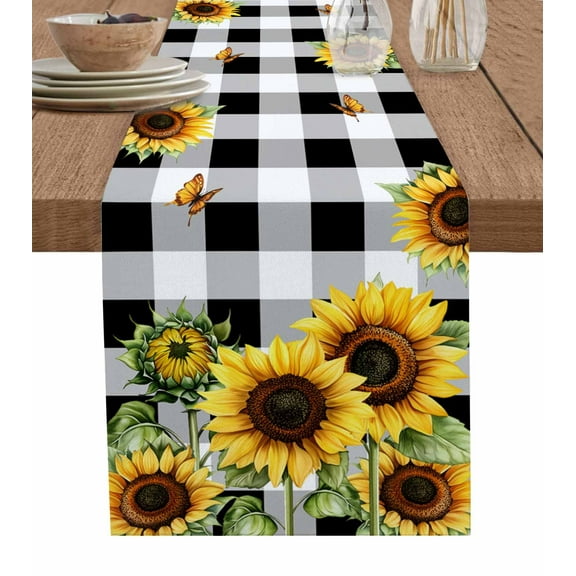 Hokiten Table Runners 36 Inches Long Dress Scarves, Sunflower Farmhouse Kitchen/Dining Table Runner, Short Coffee Tablerunners, Summer Botanical Floral Blooming Black Plaid 13x36 Inch