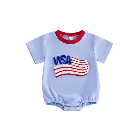 BemeyourBBs Newborn Baby Boy Girl 4th of July Outfit Patriot Independence Day Clothes Summer Bubble Romper Short Sleeve America Flag Embroidery Bodysuit Jumpsuit
