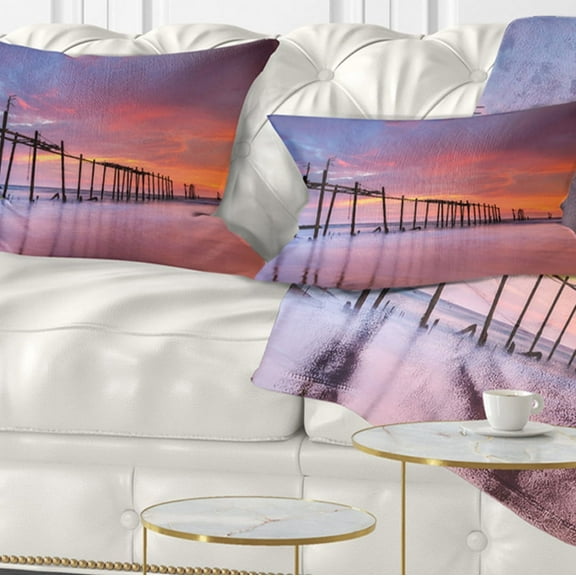 Designart Abandoned Wooden Pier at Sunset - Pier Seascape Throw Pillow - 12x20