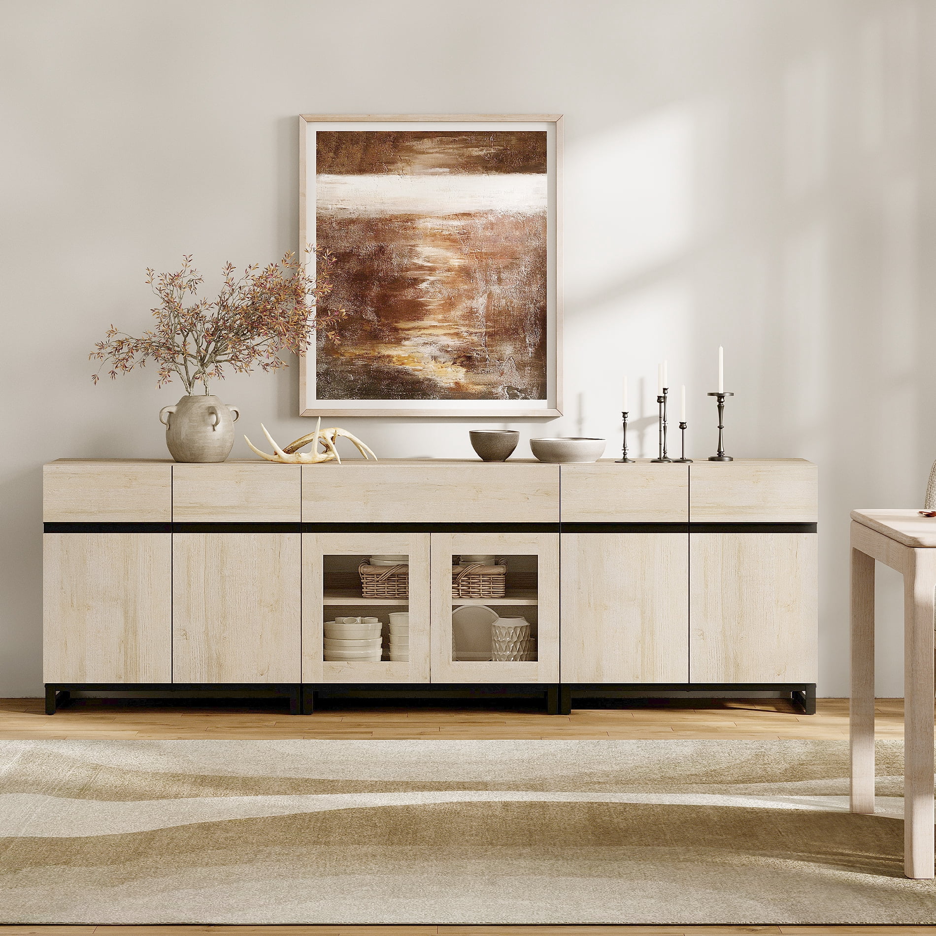 3 In 1 Sideboard Buffet Cabinets With Glass Doors And 1 Drawers, Modern Sideboard Credenza With Adjustable Shelf And Metal Base, Coffee Bar Cabinet Storage Cabinet,Beige