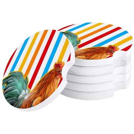 

FMSHPON Rooster Vintage Striped Set of 2 Car Coaster for Drinks Absorbent Ceramic Stone Coasters Cup Mat with Cork Base for Home Kitchen Room Coffee Table Bar Decor