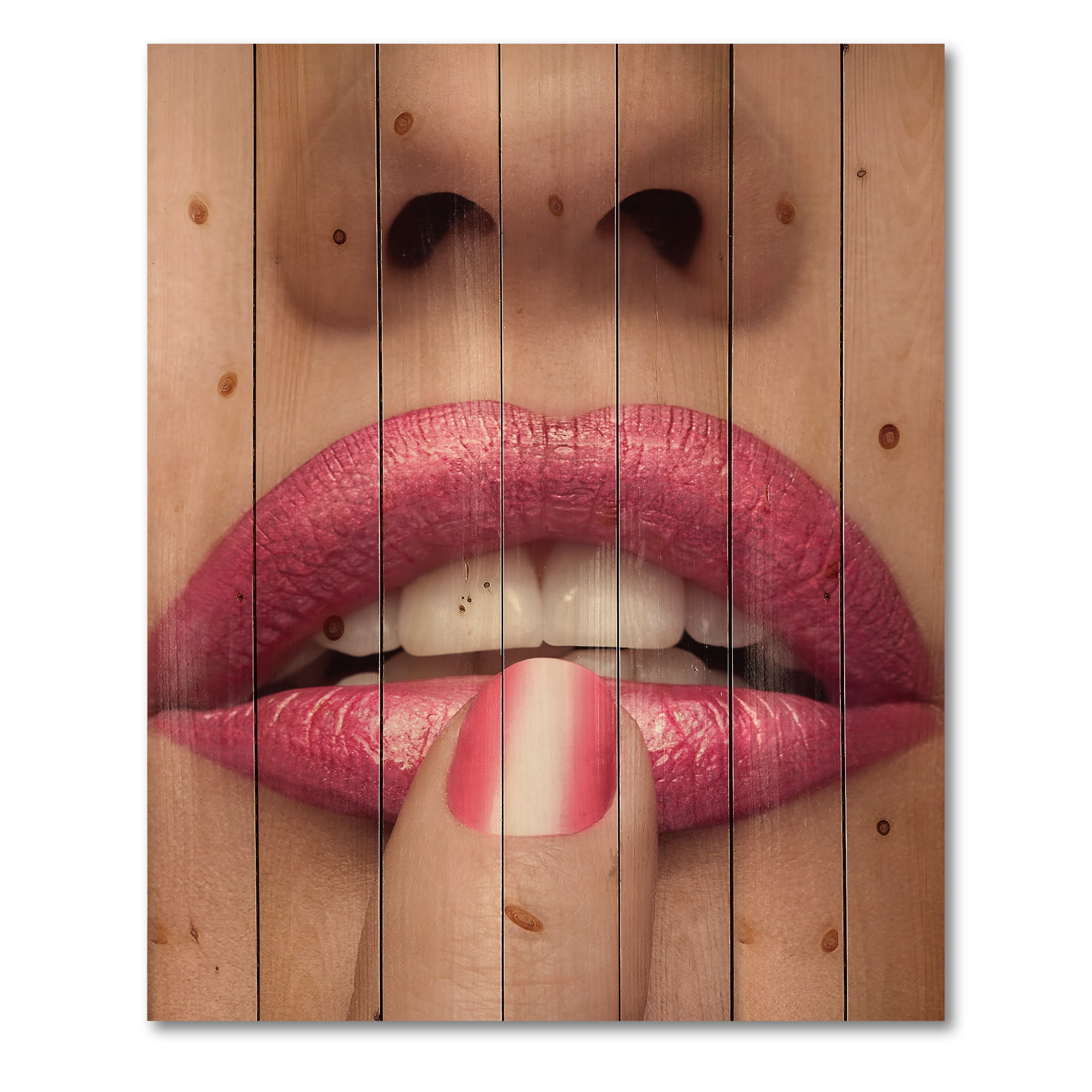 Designart 'Pink Female Lips With Finger On Mouth' Modern Print on Natural Pine Wood