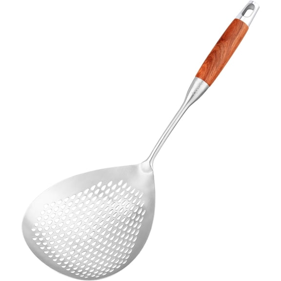 Large Slotted Spoon with Long Wooden Handle - Deep Frying Scoop with Hanging Holes, 304 Stainless Steel Fryer Skimmer Spoons for Kitchen Cooking Frying Draining