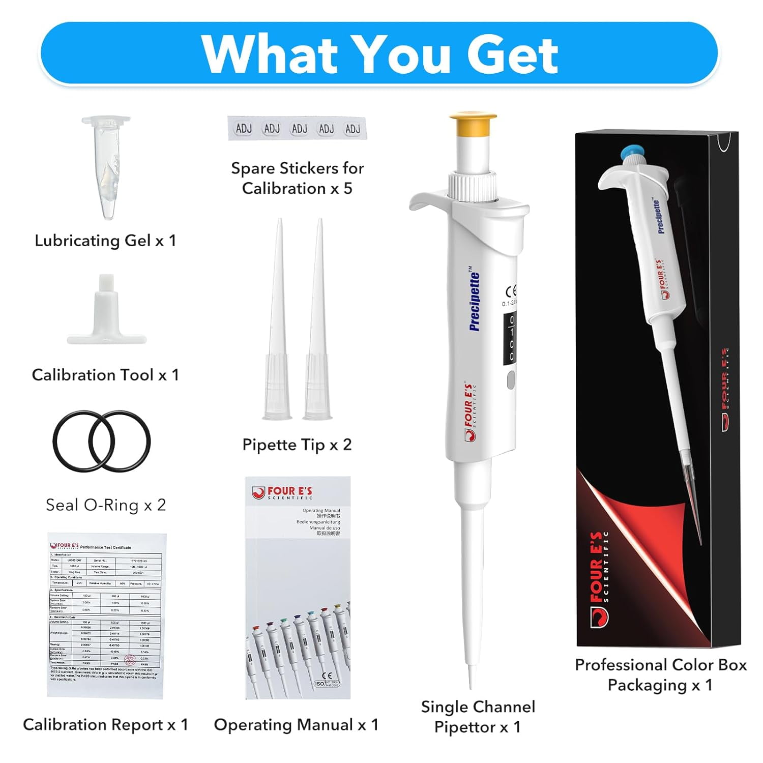 FOUR E's Scientific 0.1-2μL Pipette, High Accurate Single-Channel Pipettor, Adjustable Variable Volume Micropipette for Laboratory