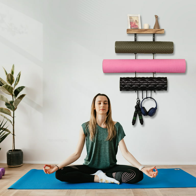 Yoga Mat Holder, Yoga Mat Storage Wall Mount Sturdy Yoga Mat Rack Organizer  with 4 Hooks for Foam Roller Resistance Bands and Yoga Equipment