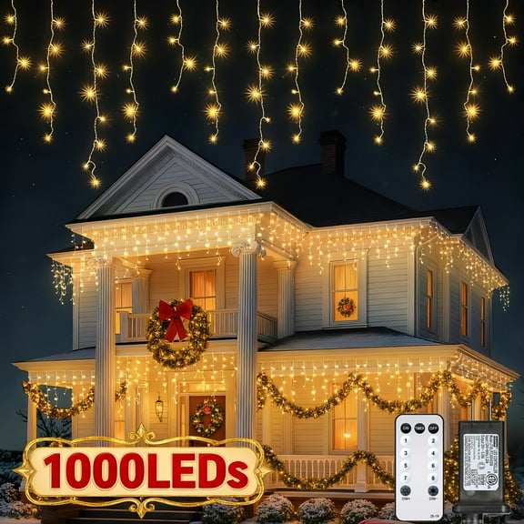 98.4ft 1000LED Christmas Icicle Waterfall Lights - 80 Drops, 8 Modes with Timing, IP54 Waterproof Warm White. Perfect for Outdoor Holiday Decor: Patio/House/Garden/Yard/Party