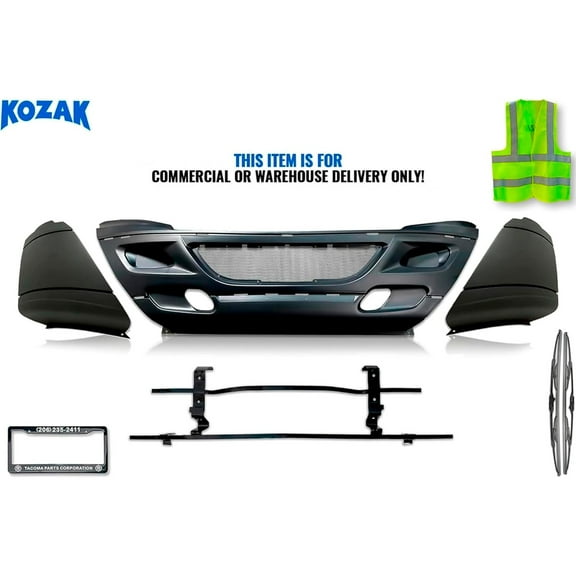 KOZAK Bumper Plastic Set: Center Bumper Cover w/Grille Screen & Corners Extension (Left and Right) w/Bracket Compatible with International Prostar 2008-2015