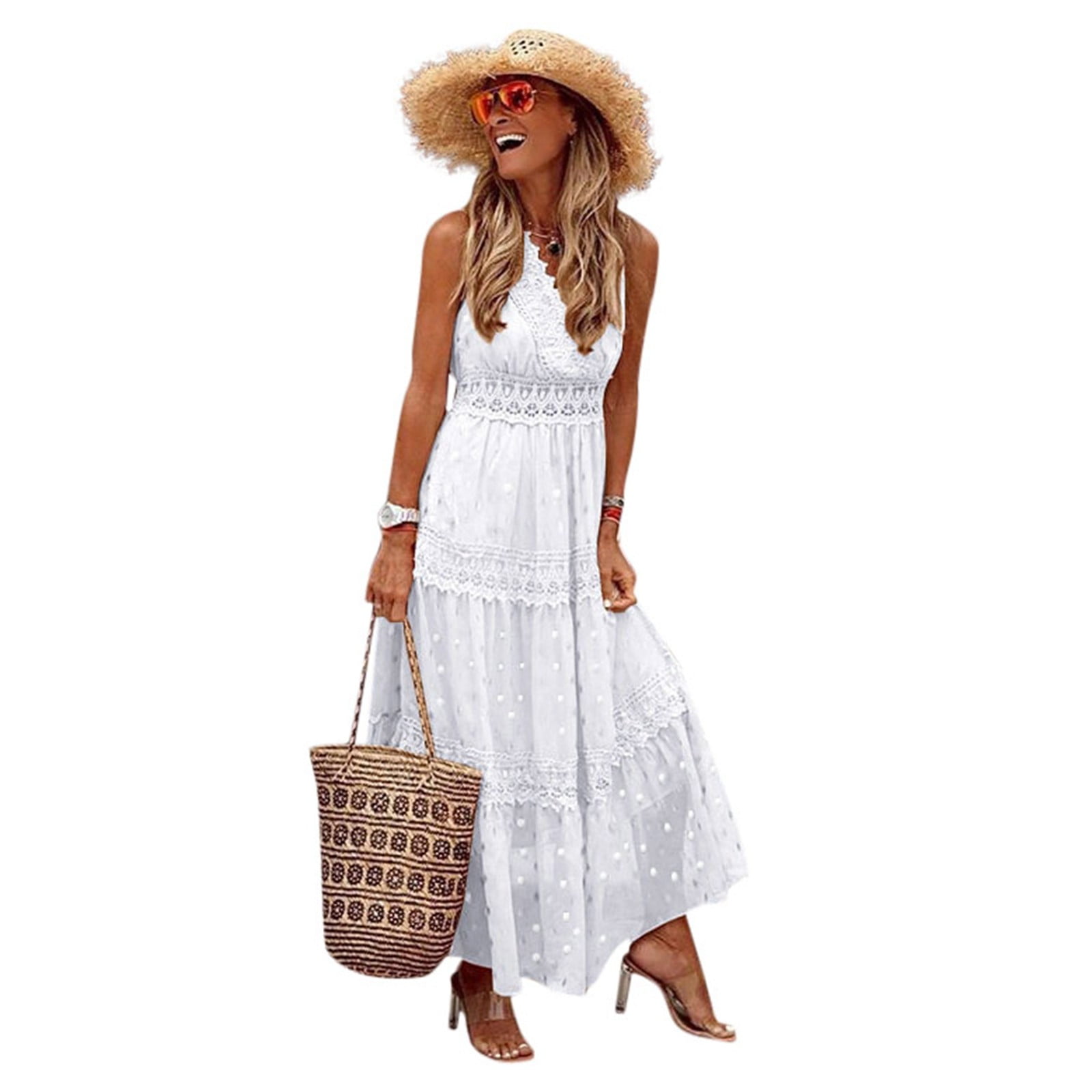 Ierhent Casual Dresses for Women Women Floral Embroidered Dress Long Puff Sleeve Square Neck Bohemian Flowy Dress with Pockets(White,XL)