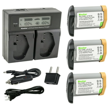 Kastar 3 Pack Fully Decode LP-E19 Battery 10.8V 3500mAh 37.8Wh and LCD Dual Fast Charger Replacement for Canon EOS 1D X Mark II Mark 2 EOS-1D X Mark III Mark 3 1DX Mark2 Mark3 Camera