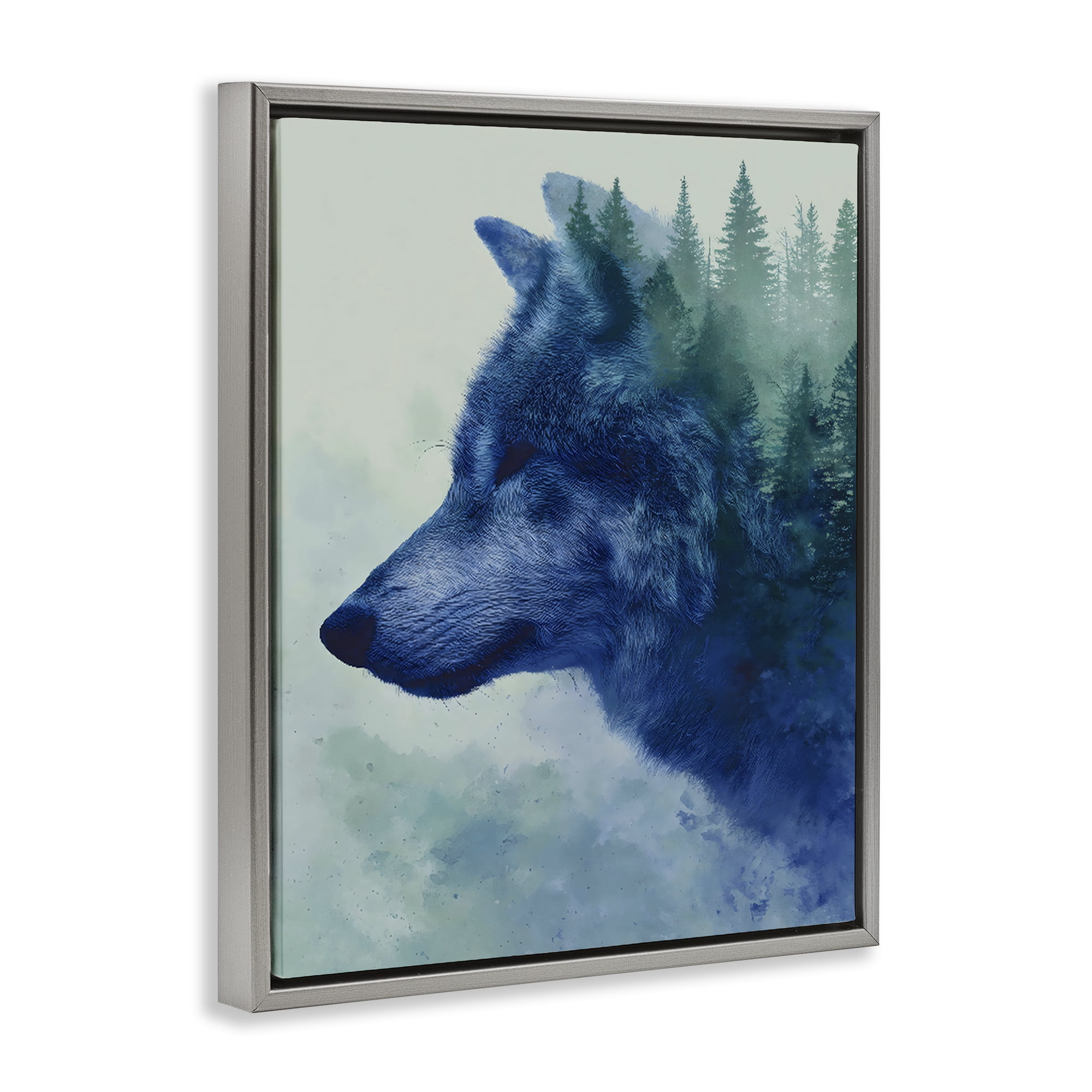 Stupell Industries Indigo Wolf in Misty Pines Gray Framed Floater Canvas Wall Art, design by Franklyn Gregory