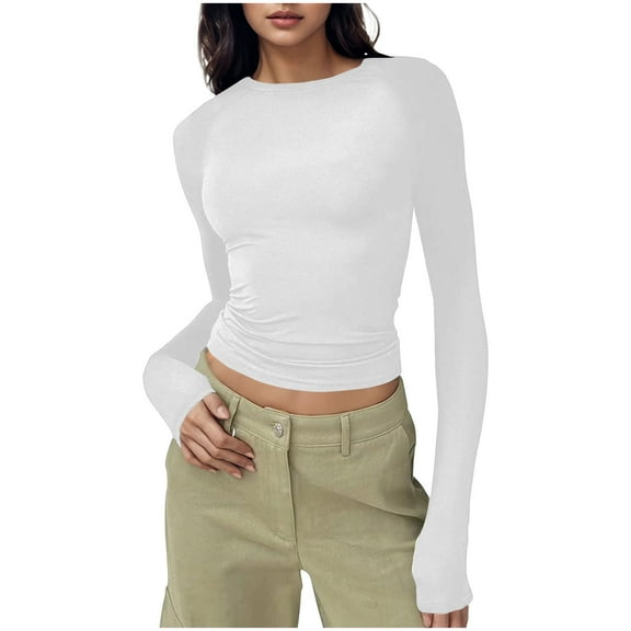 BLVB Women Slim Fit Crop Tops Crewneck Shirt Long Sleeve Casual Basic Solid Color Going out Tight Tee Clothes