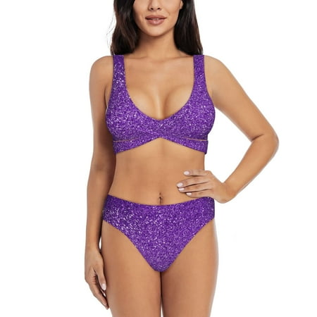 Zeuib Glitter Purple High Waisted Tummy Control Bikini Set - Knot Front Push Up Top & Cheeky Thong Bottom  Two-Piece Swimsuit for Women-Large