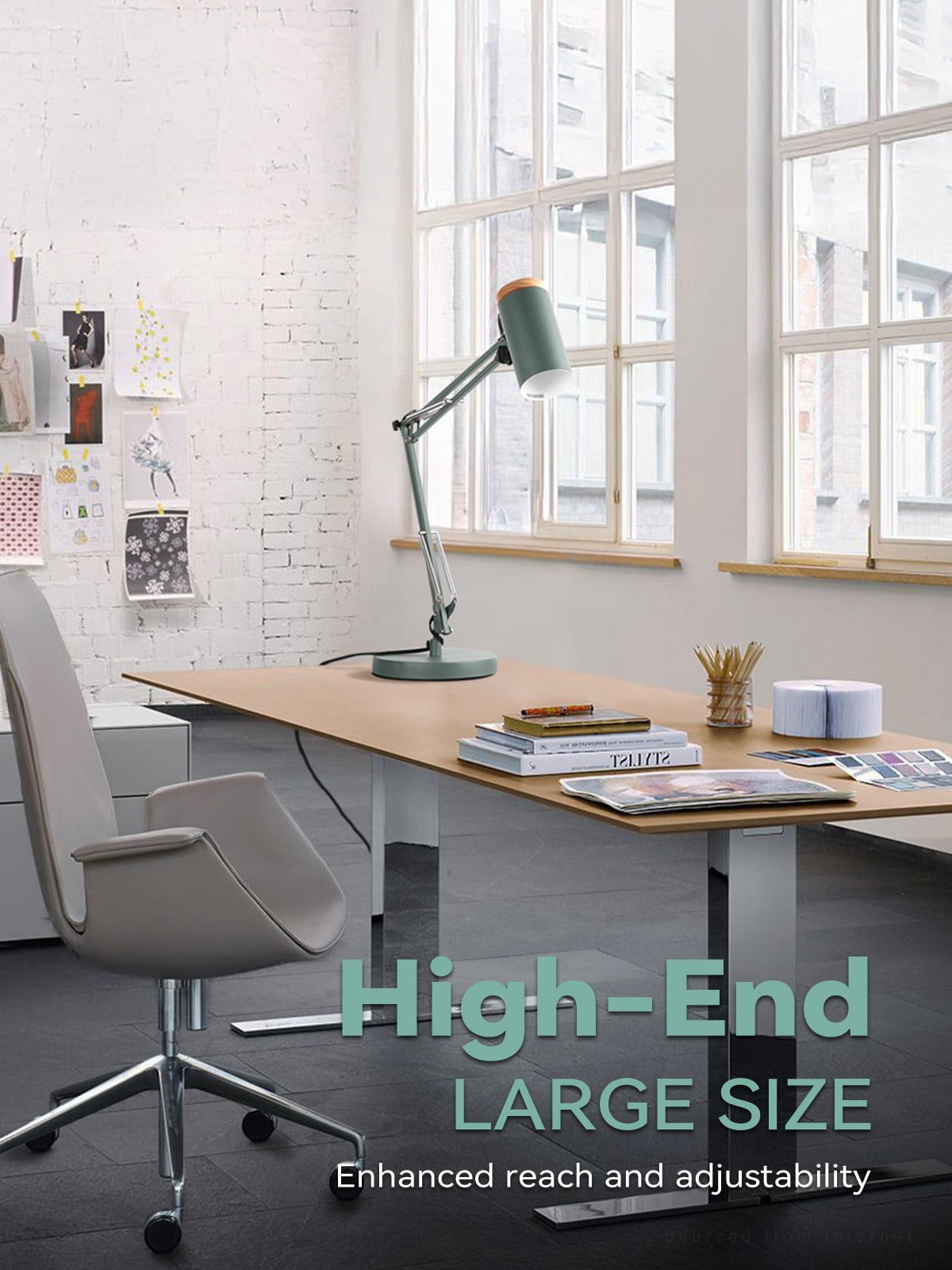 Adjustable Metal Table Lamp, Large Size Max Height 26", E26 Base, Swing Arm Desk Light with Wooden Accent, Dark Green