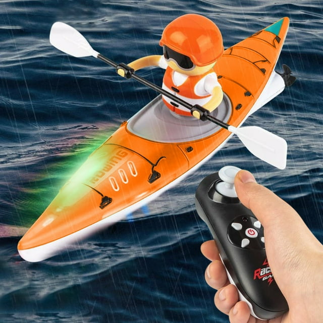 2.4GHz Remote Control Rowing Kayak Boat with LED Lights, Waterproof Double Paddle Design, Anti-Capsize Balance for Kids & Adults, 30m Range, 12min Runtime (Blue/Green/Yellow)