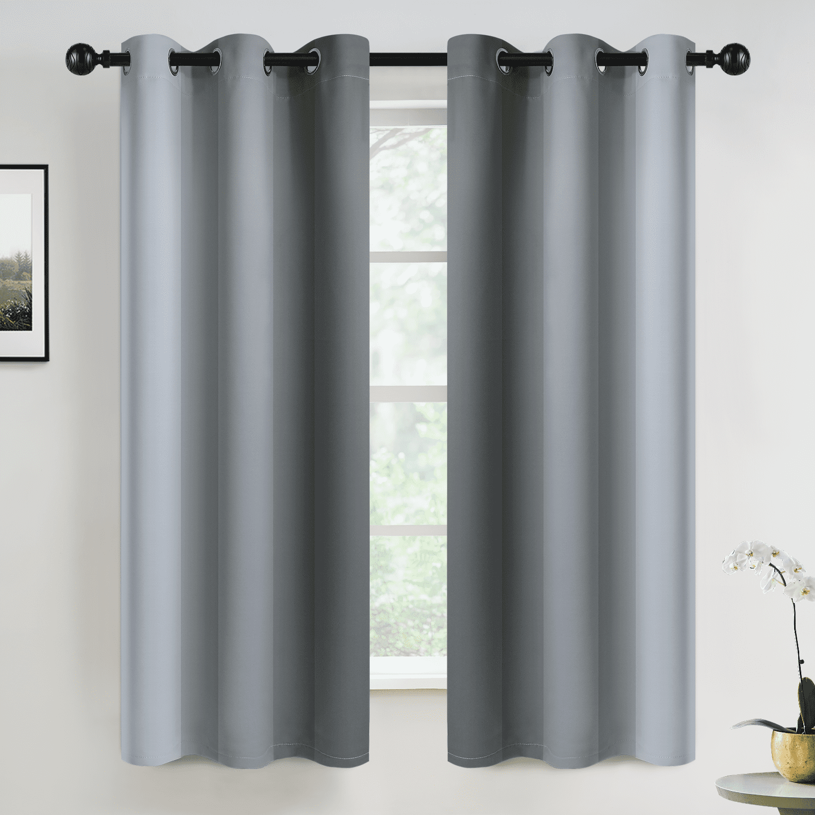 Yakamok Grommet Light Blocking Grey Blackout Ombre Curtains,Room Darkening Window Drapes for Bedroom/Living Room Blackout, 42x63 inches, 2 Panels