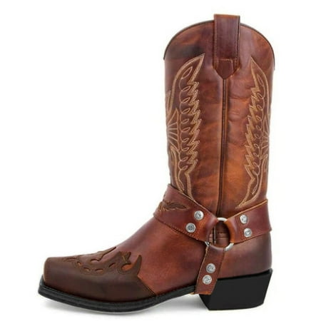 

women shoes Woens Leather Non-slip Slip-On Round Toe Buckle Low-heeled Shoes Cowboy Boots