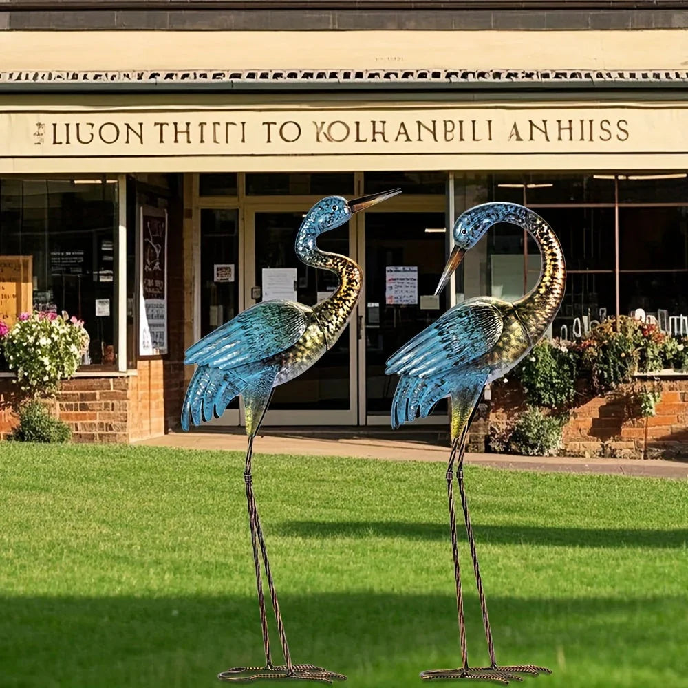 House of Avana Blue Gold Metal Crane Garden Sculpture Elegant Outdoor Decor