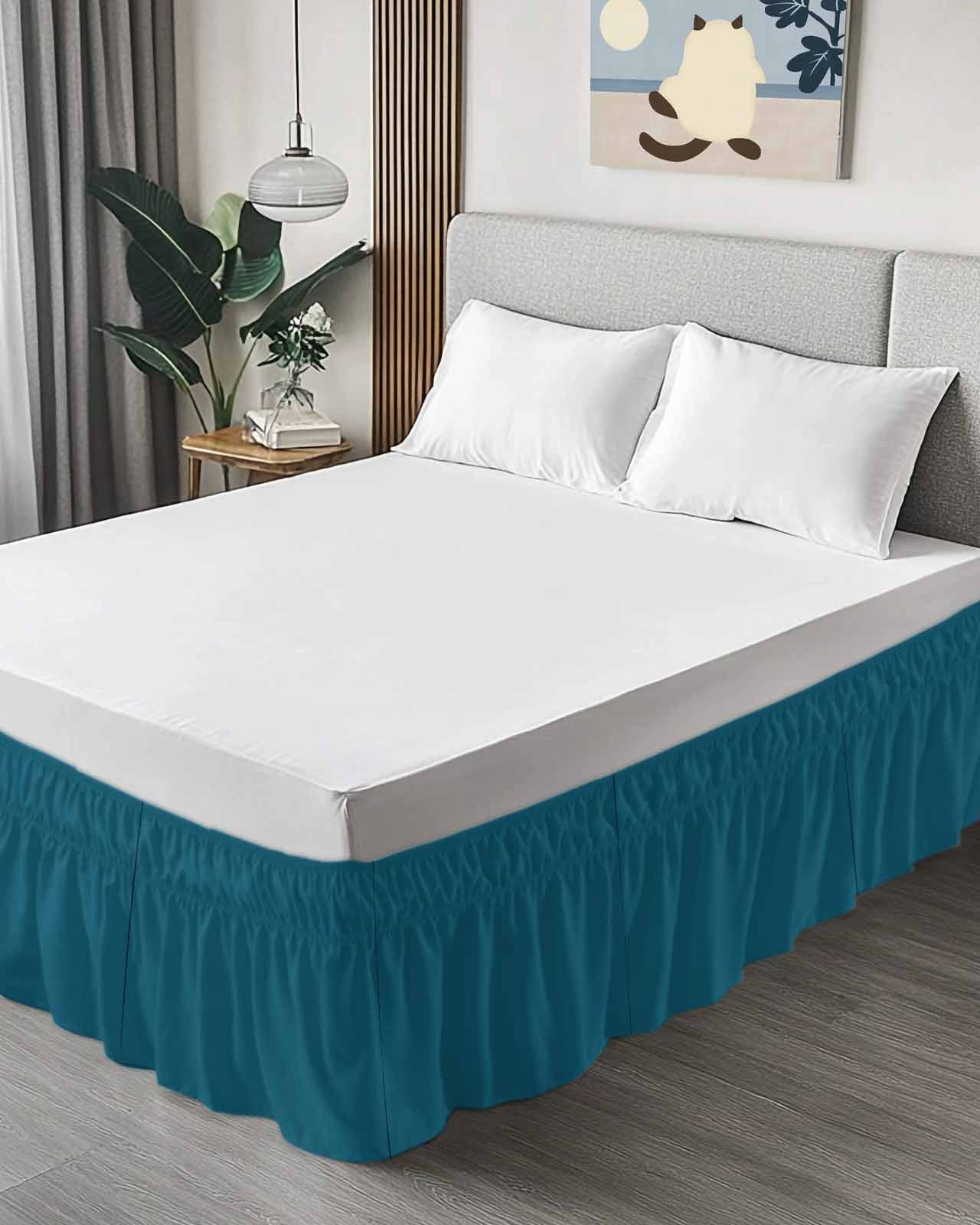 Solid Dark Bed Skirt Queen Size 16" Drop Teal Ruffled Wrap Around Bed Skirts Adjustable Elastic Bedskirt Dust Ruffle for Queen Size Bed