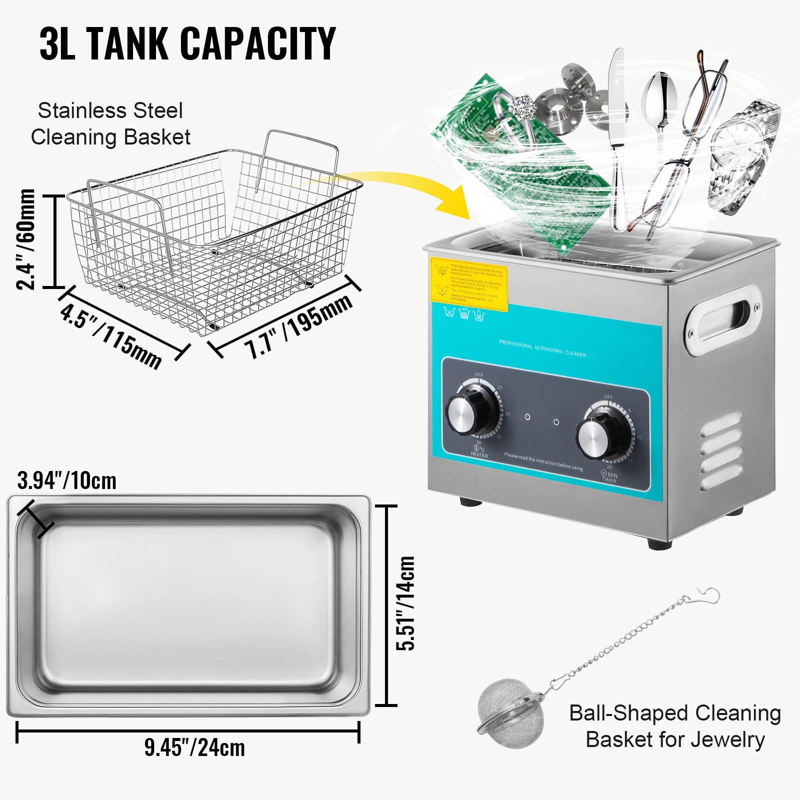 VEVORbrand Knob Ultrasonic Cleaner 3L 40kHz Ultrasonic Cleaning Machine Knob Control 304 Stainless Steel Ultrasonic Cleaner Machine with Heater & Timer for Cleaning Jewelry Eyeglasses Watches