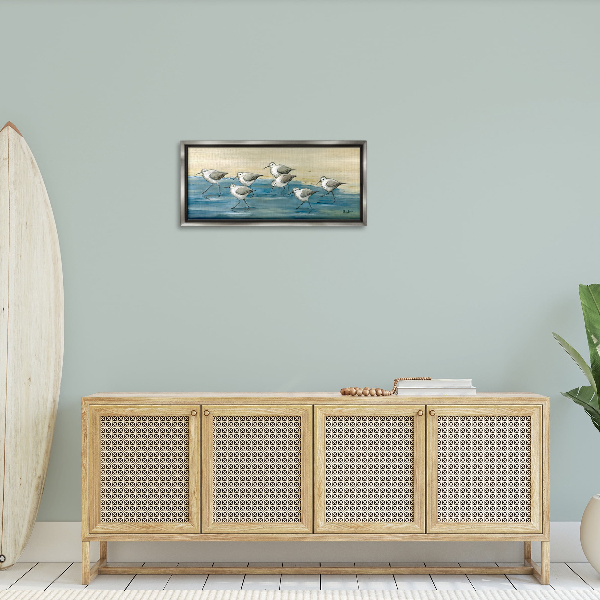 Stupell Industries Sandpiper Bird Flock Beach Shoreline Nature Painting Gray Floater Framed Canvas Art Print Wall Art, 31 x 14