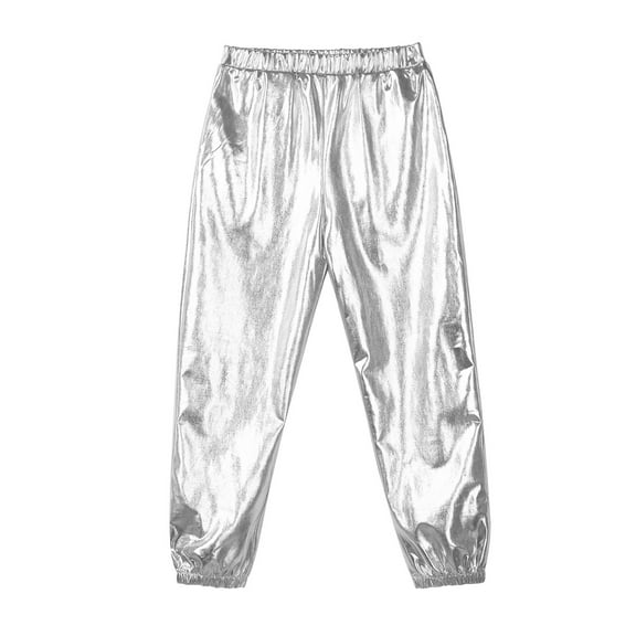 Miaeowve Kids Shiny Metallic Hip Hop Dance Pants for Boys Girls Pull-on Trousers 70s Party Disco Dancewear A Silver 10