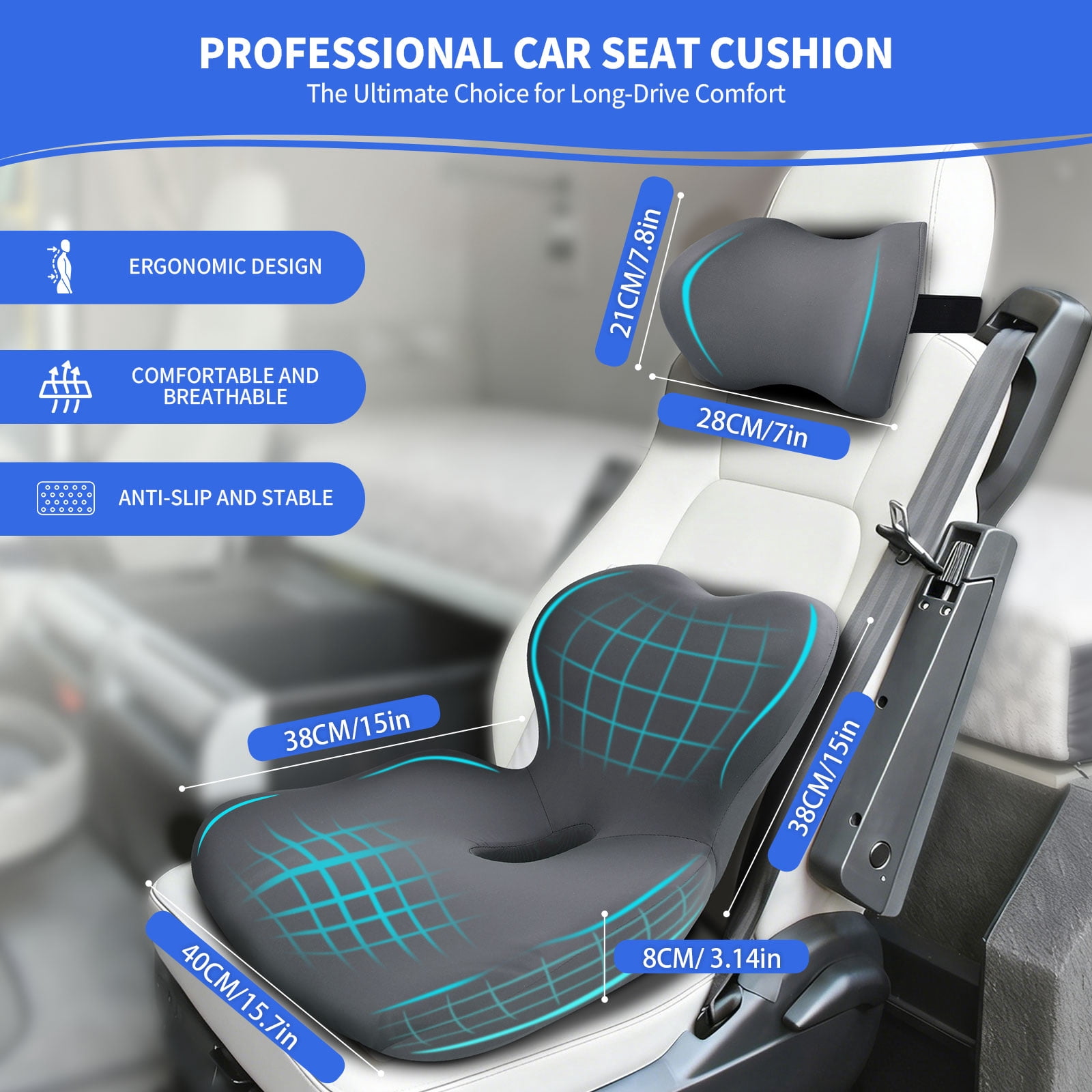 Nicecastle Ergonomic Seat Cushion with Lumbar Support Pillow, Memory Foam for Tailbone and Back Pain Relief - Comfort for Car, Office Chair, Truck Driving - Non-Slip Washable for All Day Sitting