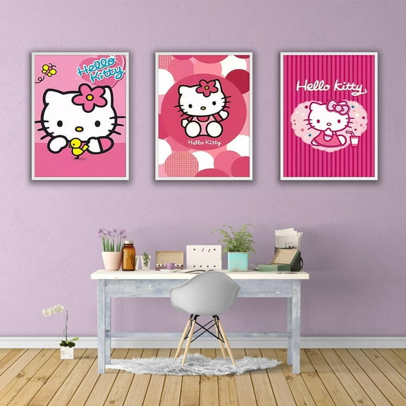 -3pcs Sanrio Cartoon Kitty White Canvas decorative painting living room dining room bedroom family wall art decorative painting Exquisite durable decorative painting,Frameless