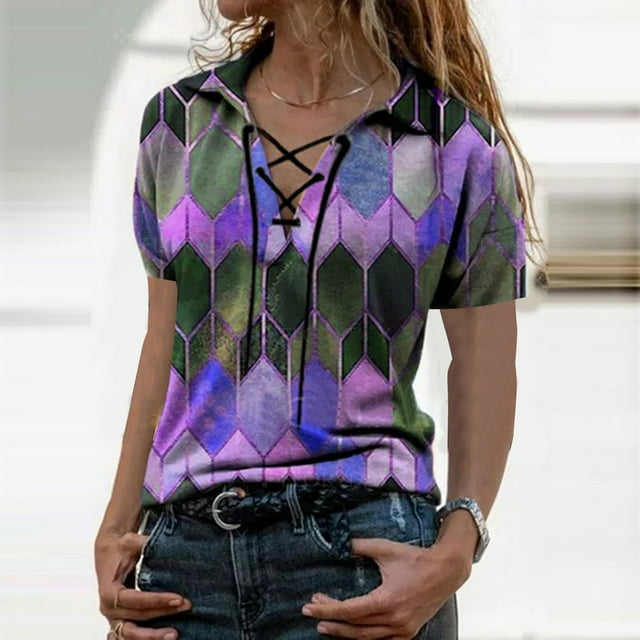 Mode Femme Imprimé Col en V Manches Courtes Ample Chandail Blouse Tops