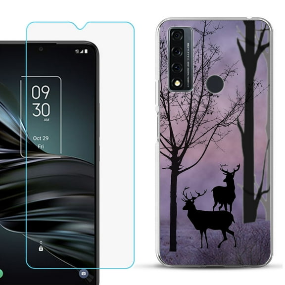 Slim-Fit Fashion Phone Case for TCL 20 XE, with Tempered Glass Screen Protector, by OneToughShield ® - Forest/Deer/Twilight