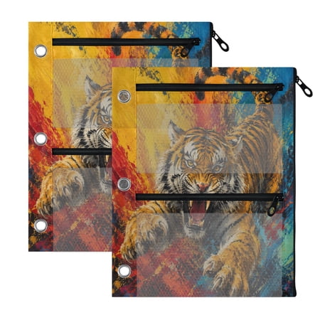 2 Pack 3-Ring Binder Pencil Pouch with Clear PVC Windows Abstract Roaring Tiger Graphic Large Capacity Stationery Bag for Classroom Office Supplies