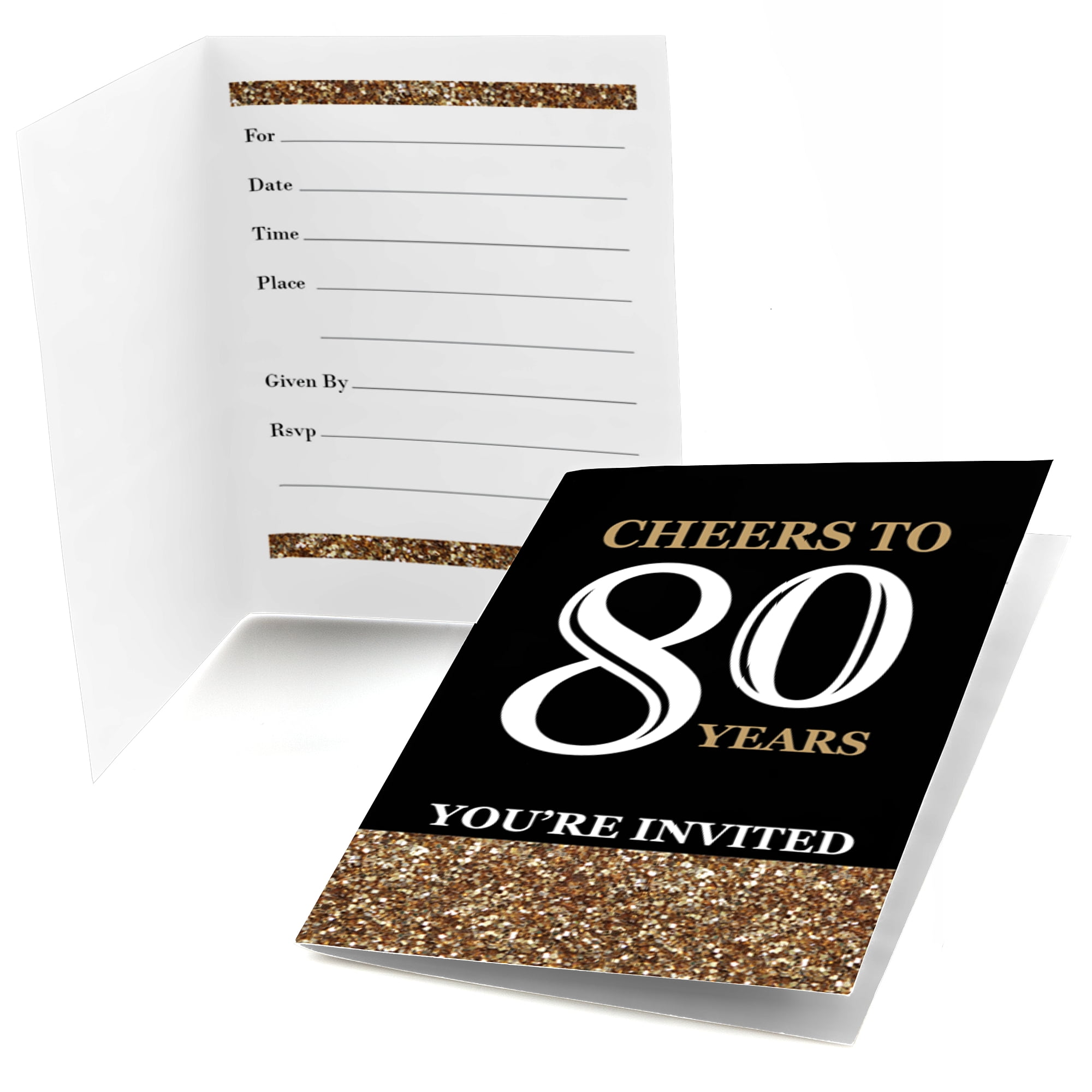 Adult 80th Birthday - Gold - Fill In Birthday Party Invitations (8 count)